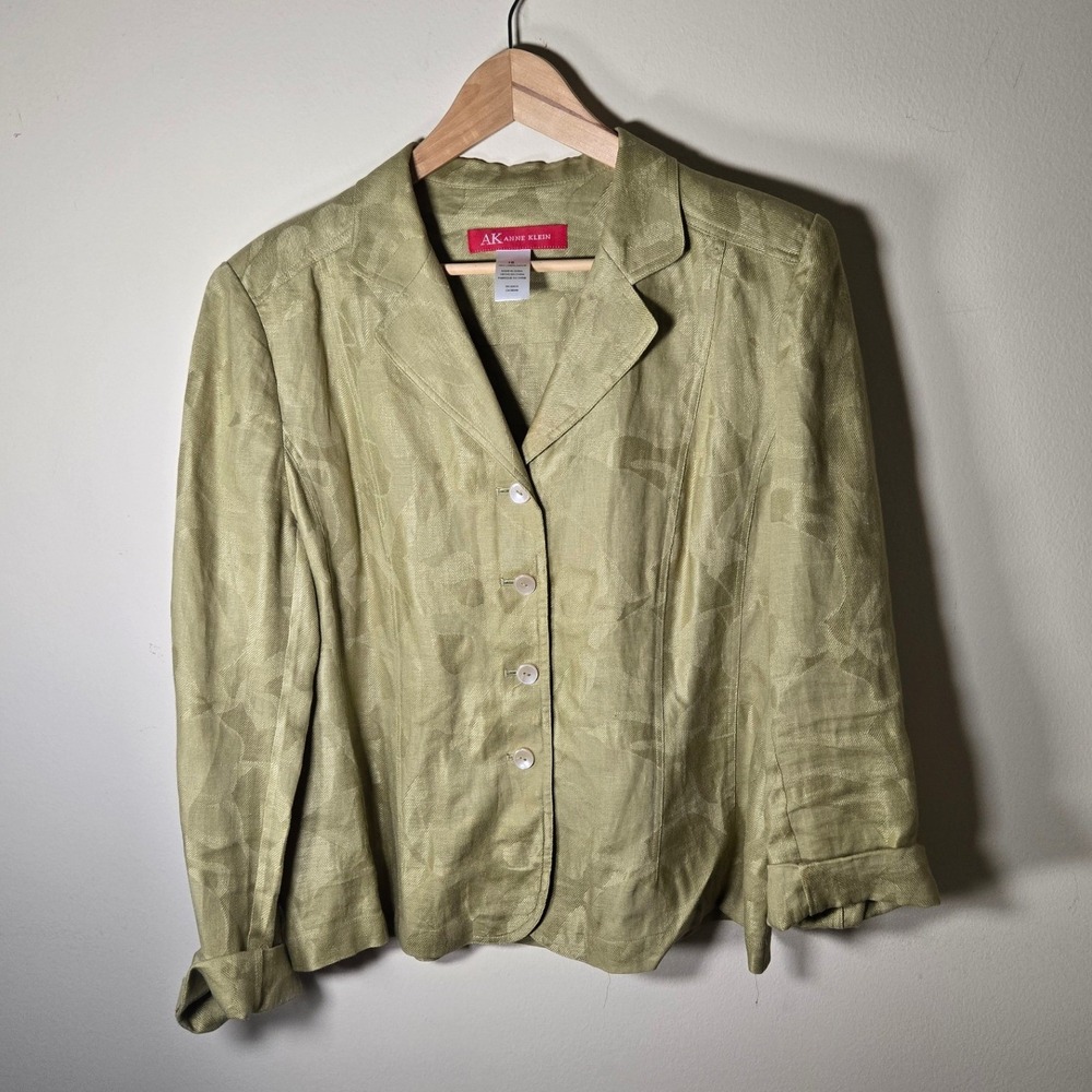 Anne Klein Blazer Women 16 Green Excellent 100% Linen Leaf Jacquard Button Front